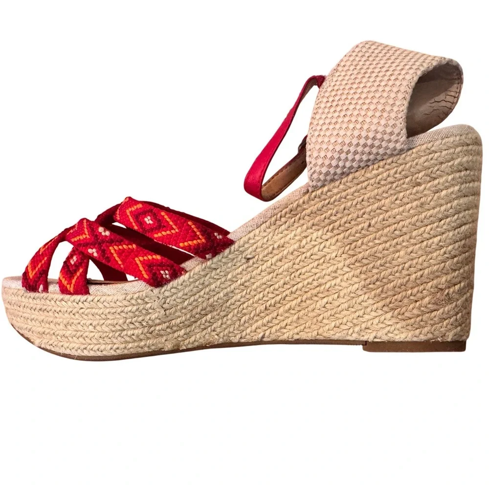 Lucky Brand Women's Red Woven Espadrille Wedge Sandals Size 9.5 ankle strap boho
